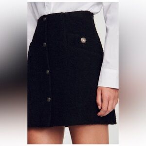 Sandro Black Bouclé-tweed Mini Skirt With Gold-tone Buttons.